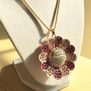 Betsey Johnson pink flower necklace,  long gold ch